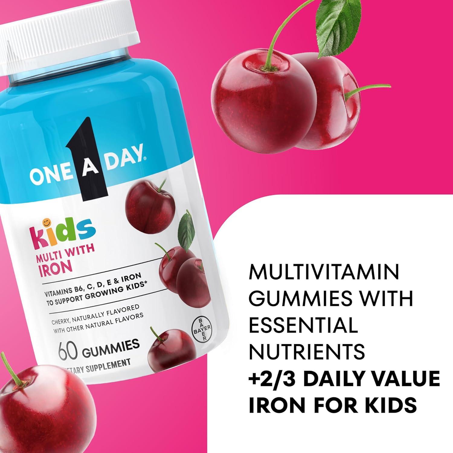 image:imageOne A Day Kids Multivitamin with Iron Gummy Vitamin D Vitamin C E Zinc for Immune Support Gummy Vitamins Kids Multivitamin Gummies with Iron Cherry Flavor 60 Count Packaging May Vary