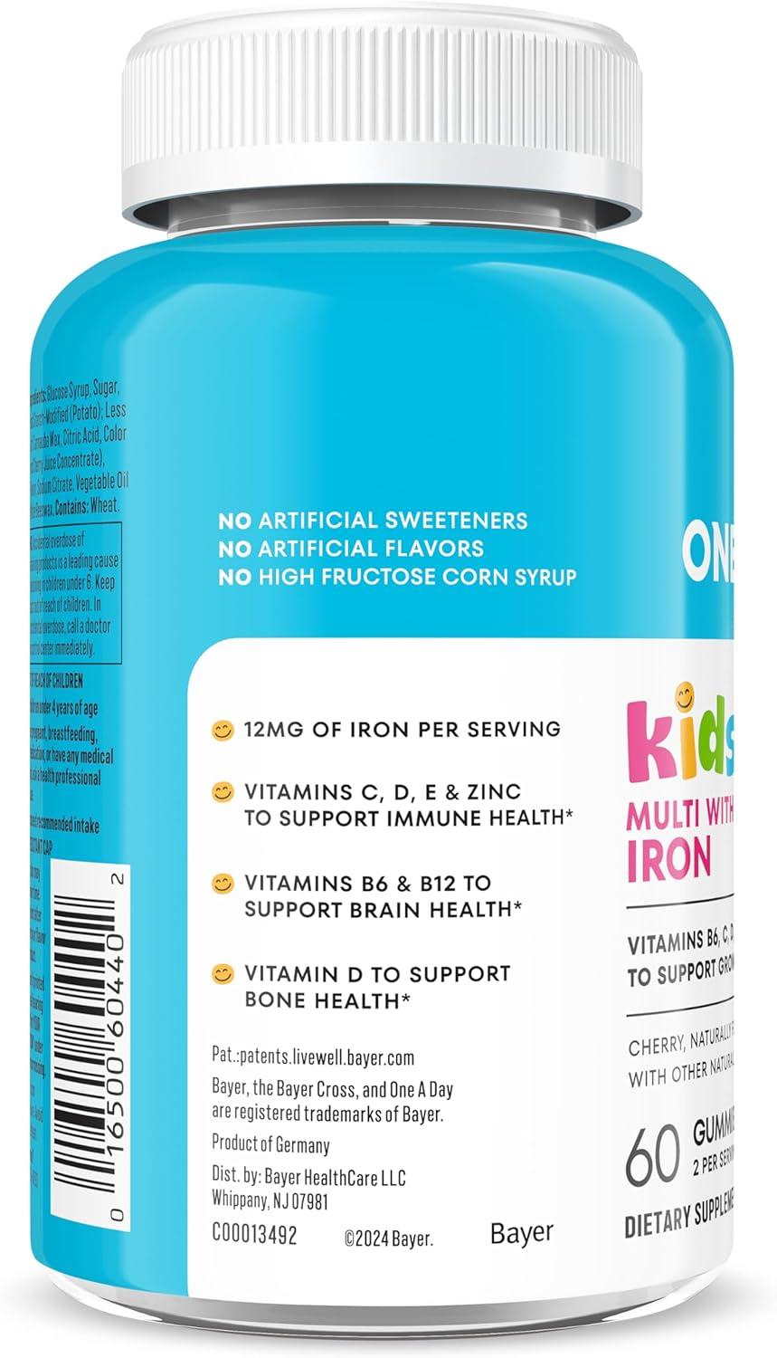 image:imageOne A Day Kids Multivitamin with Iron Gummy Vitamin D Vitamin C E Zinc for Immune Support Gummy Vitamins Kids Multivitamin Gummies with Iron Cherry Flavor 60 Count Packaging May Vary