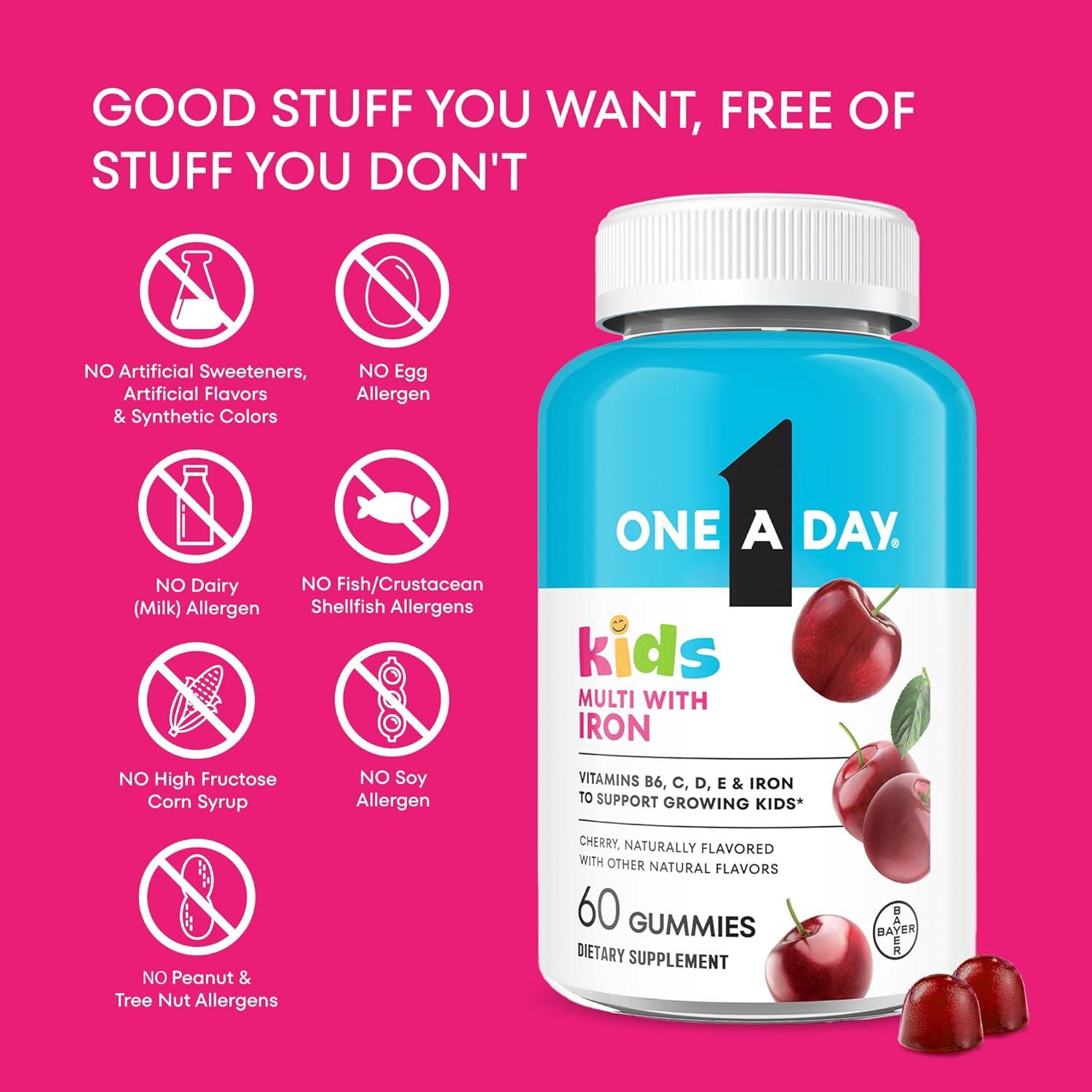image:imageOne A Day Kids Multivitamin with Iron Gummy Vitamin D Vitamin C E Zinc for Immune Support Gummy Vitamins Kids Multivitamin Gummies with Iron Cherry Flavor 60 Count Packaging May Vary
