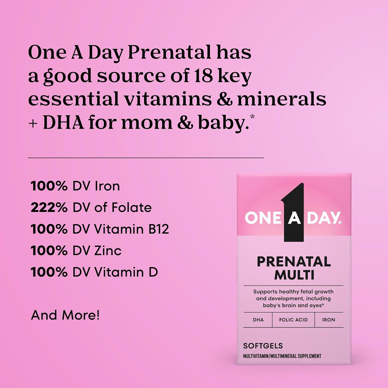 image:imageOne A Day Prenatal Vitamins Folic Acid Iron Omega 3 DHA Pregnancy Vitamins for Women Prenatal Multivitamin for Mom and Baby Support Pregnancy Must Haves 90 Ct Packaging May Vary