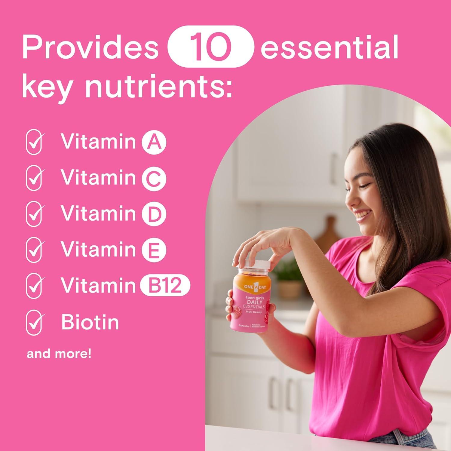 image:imageOne A Day Teen Girls Daily Essentials Multivitamin Gummies Teen Girl Multivitamins with Biotin Vitamin B12 and B6 Vitamin C Raspberry Natural Flavor 120 Gummies120 Count Pack of 1