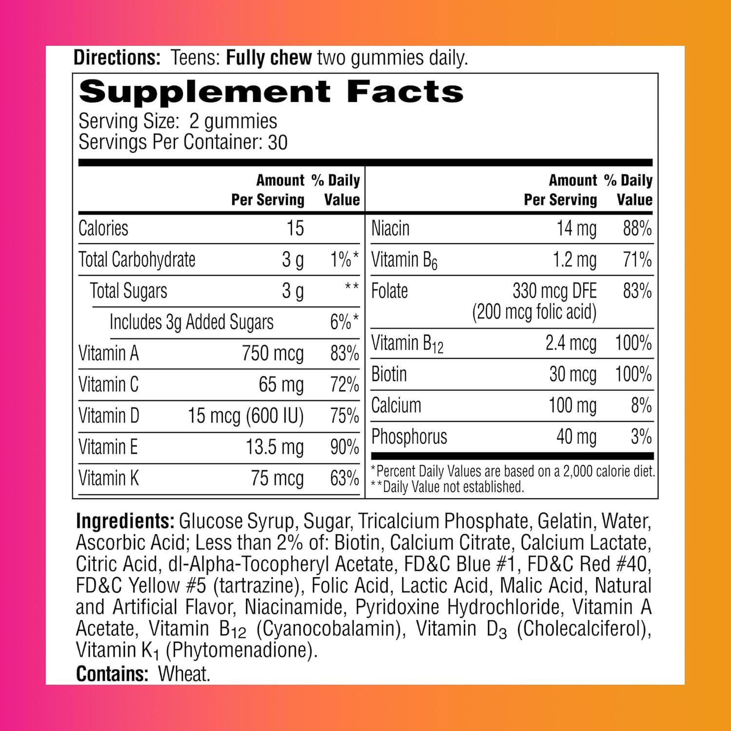image:imageOne A Day Teen Girls Daily Essentials Multivitamin Gummies Teen Girl Multivitamins with Biotin Vitamin B12 and B6 Vitamin C Raspberry Natural Flavor 120 Gummies150 Count Pack of 1