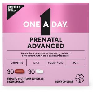 One A Day Prenatal Advanced- Prenatal Vitamins with Folic Acid, Choline, DHA & Iron, Pregnancy Vitamins for Women to Support Baby’s Development, 60+60 Ct (120 Total Set) (Packaging May Vary)(30+30ct (60 Total Set))