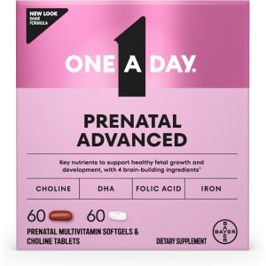 One A Day Prenatal Advanced- Prenatal Vitamins with Folic Acid, Choline, DHA & Iron, Pregnancy Vitamins for Women to Support Baby’s Development, 60+60 Ct (120 Total Set) (Packaging May Vary)(60+60ct (120 Total Set))