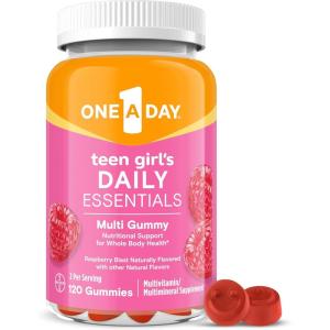 One A Day Teen Girl’s Daily Essentials Multivitamin Gummies, Teen Girl Multivitamins with Biotin, Vitamin B12 and B6, Vitamin C, Raspberry Natural Flavor, 120 Gummies(120 Count (Pack of 1))